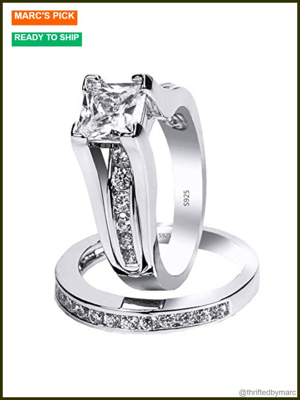 925 Sterling Silver CZ Princess Cut Solitaire Bridal Set Size 5